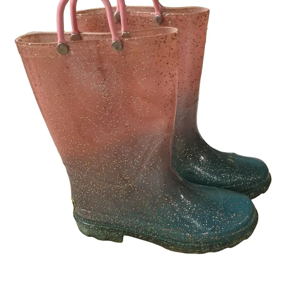 Western Chief Teal Ombre Kids Rain Boots with Pink Handles